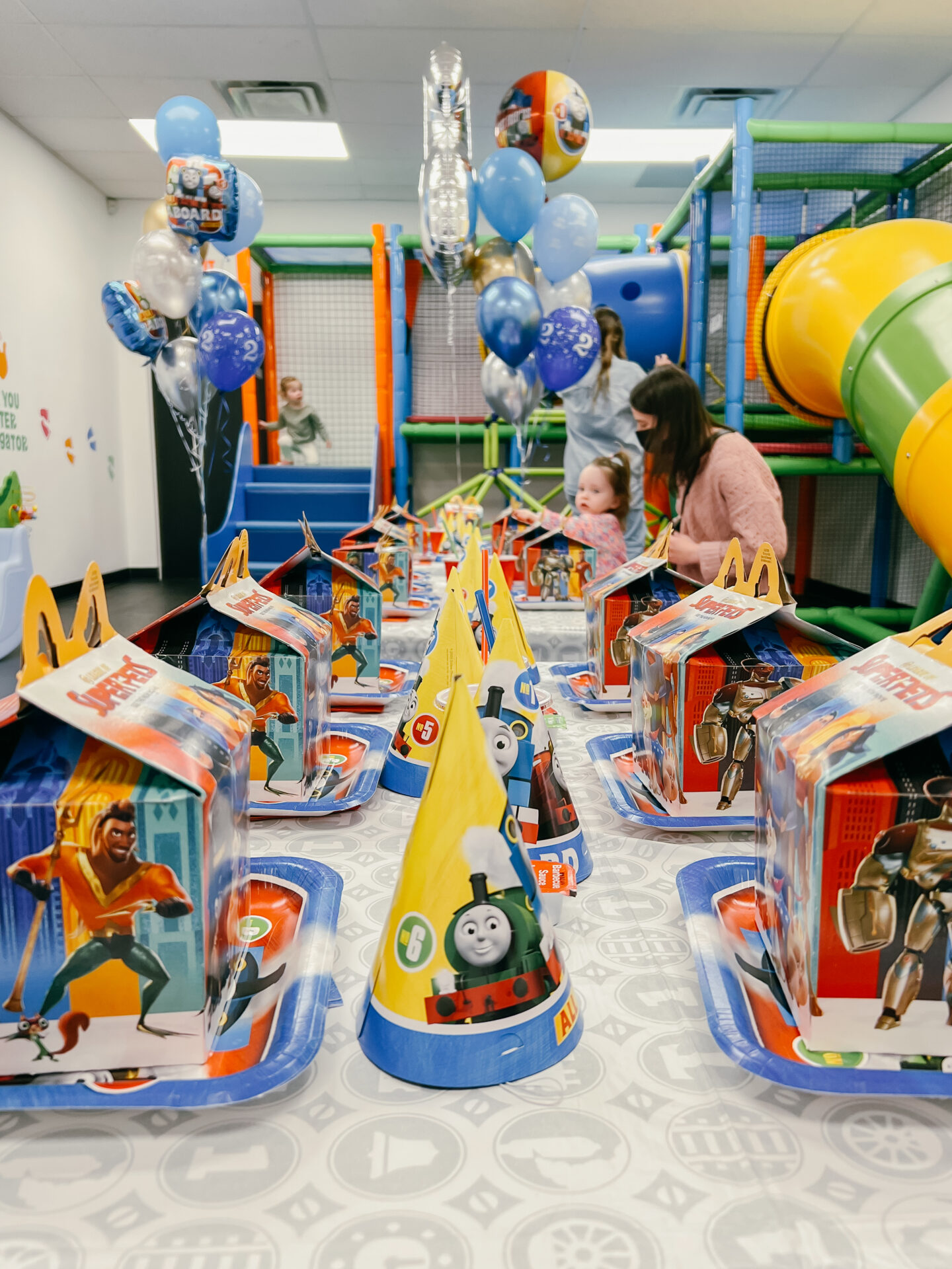 A picture of a birthday party with Thomas the Tank Engine theme at SmartieGym